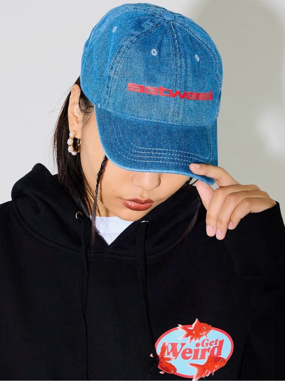 Get Weird Blue Denim Baseball Cap with Red Logo by Get Weird
